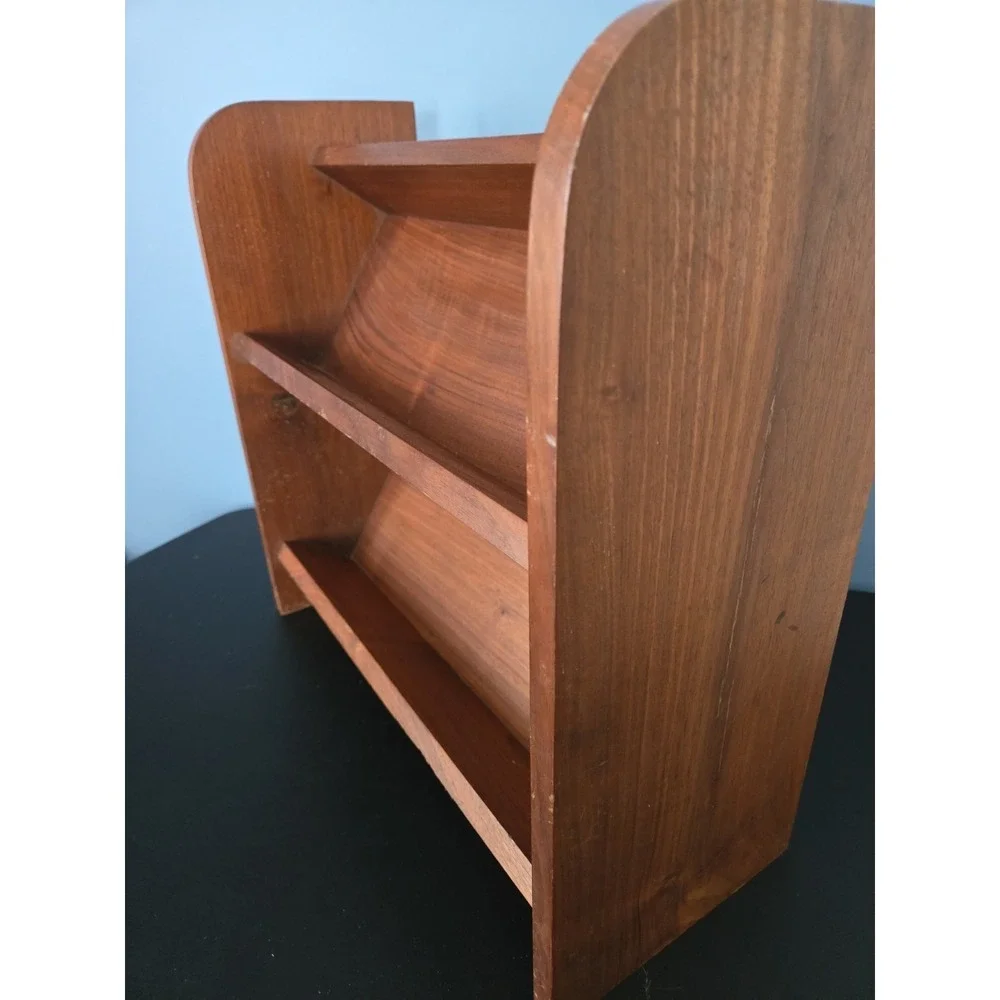 Vintage Solid Walnut 2 Shelf Bookshelf Angled Stand Rack 17